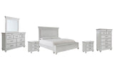 Kanwyn King Panel Bed with Storage with Mirrored Dresser, Chest and 2 Nightstands in Whitewash - PKG007953