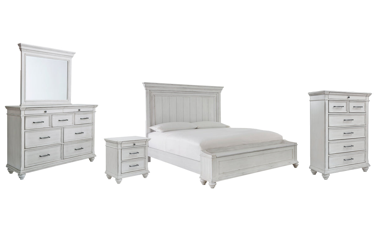 Kanwyn King Panel Bed with Storage with Mirrored Dresser, Chest and Nightstand in Whitewash - PKG007952