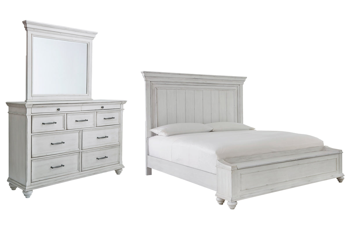 Kanwyn King Panel Bed with Storage with Mirrored Dresser in Whitewash - PKG007950