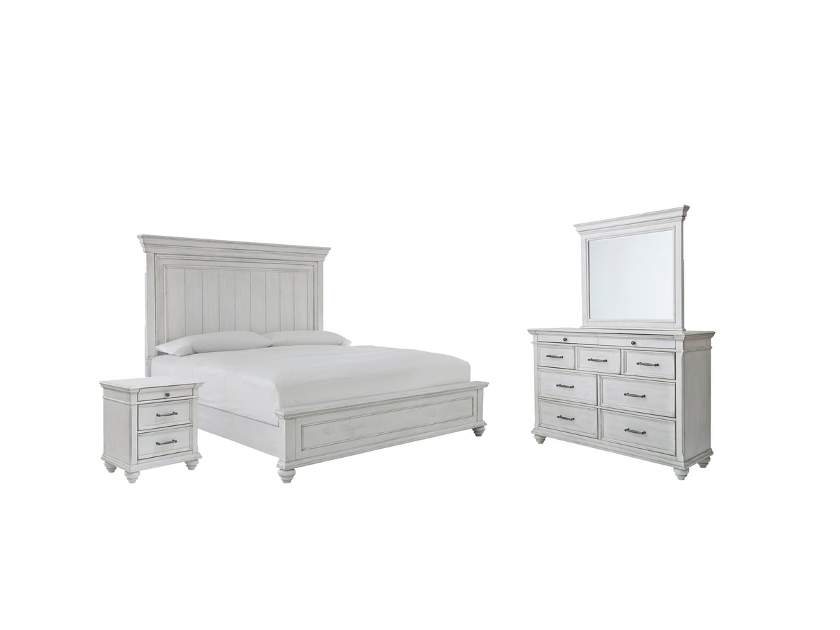 Kanwyn Queen Panel Bed with Mirrored Dresser and 2 Nightstands in Whitewash - PKG007932