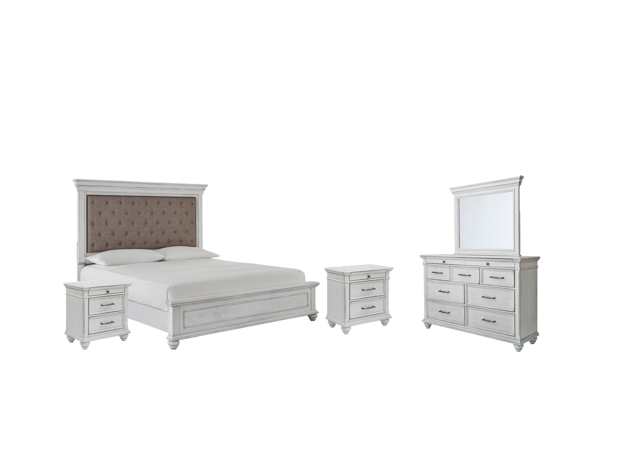 Kanwyn Queen Panel Bed with Mirrored Dresser and 2 Nightstands in Whitewash - PKG007937