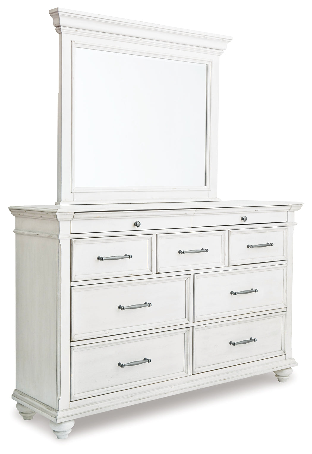 Kanwyn Queen Panel Bed with Mirrored Dresser and 2 Nightstands in Whitewash - PKG007937