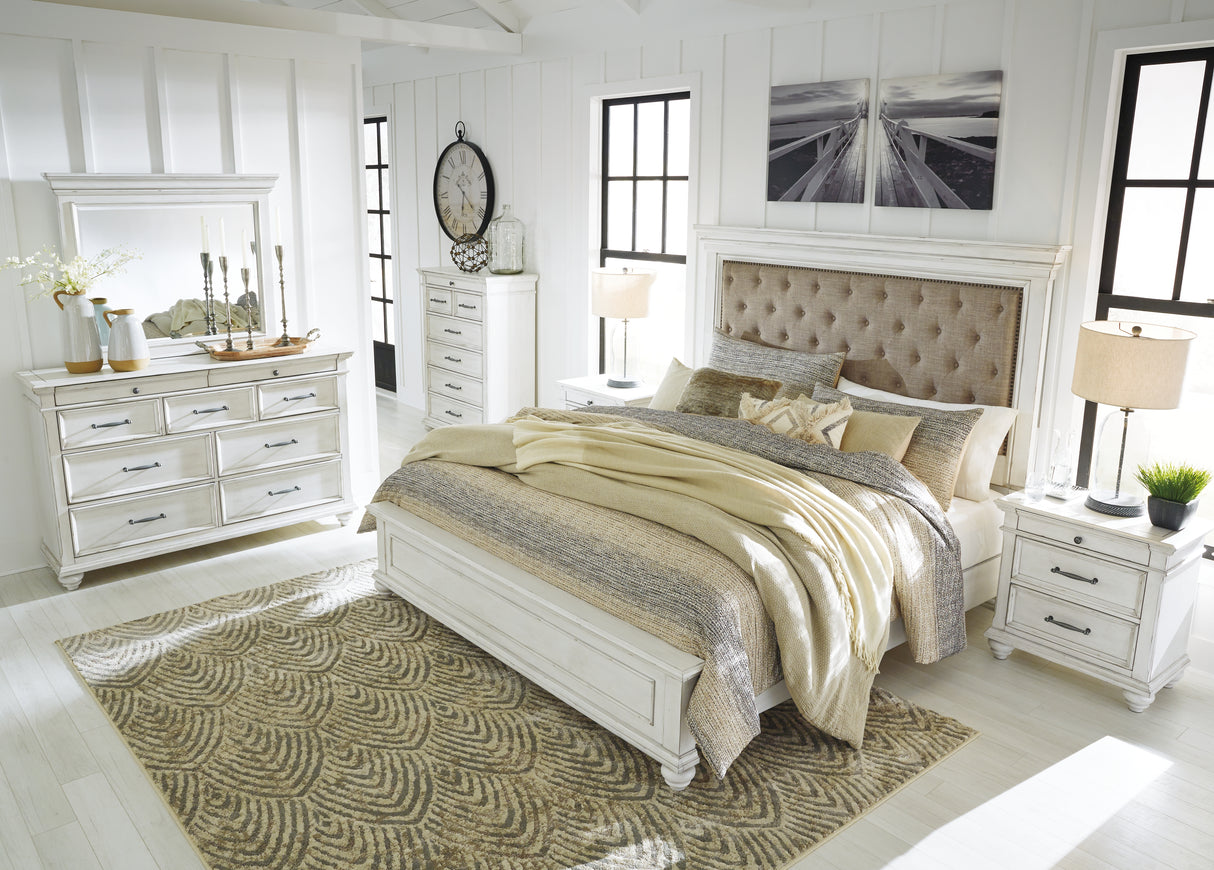 Kanwyn Queen Panel Bed with Mirrored Dresser and 2 Nightstands in Whitewash - PKG007937