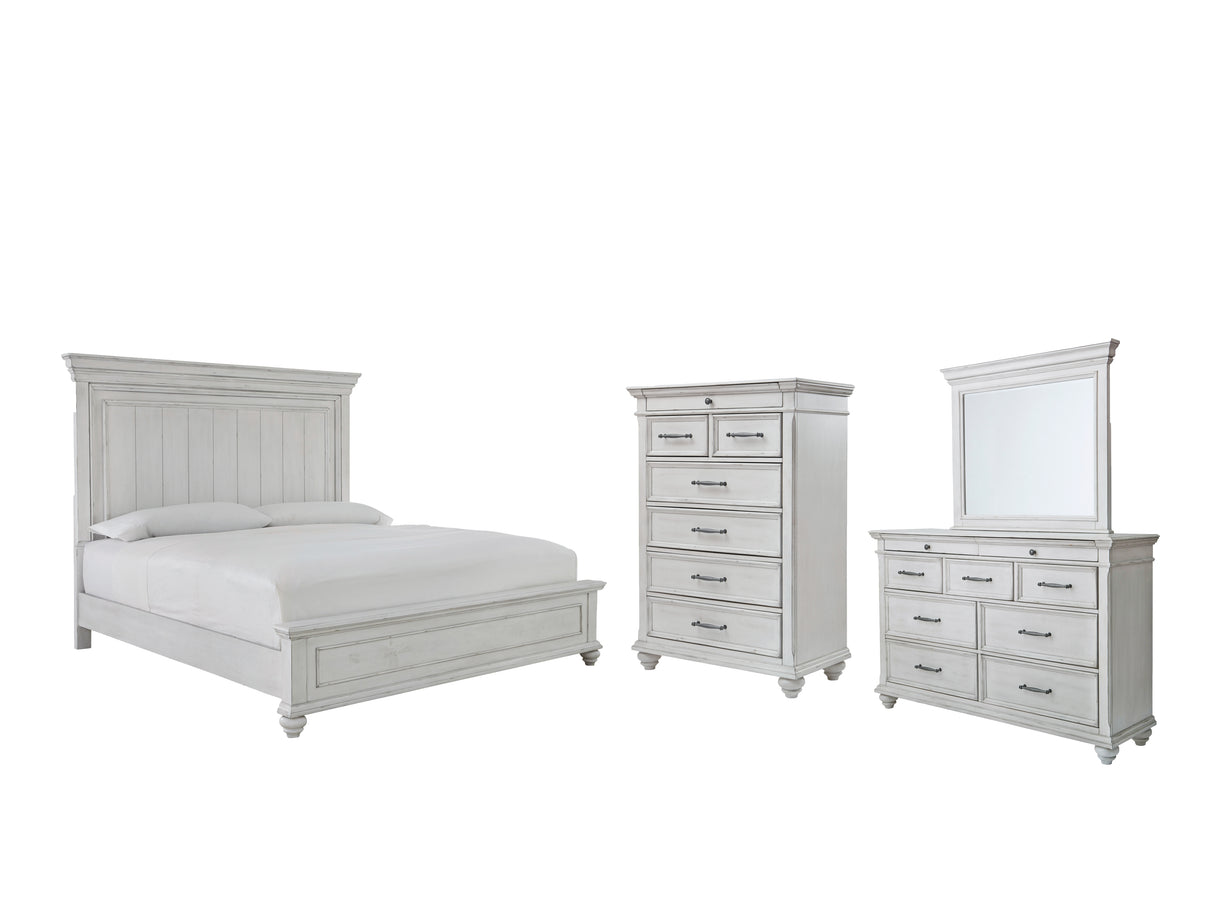 Kanwyn Queen Panel Bed with Mirrored Dresser and Chest in Whitewash - PKG007929