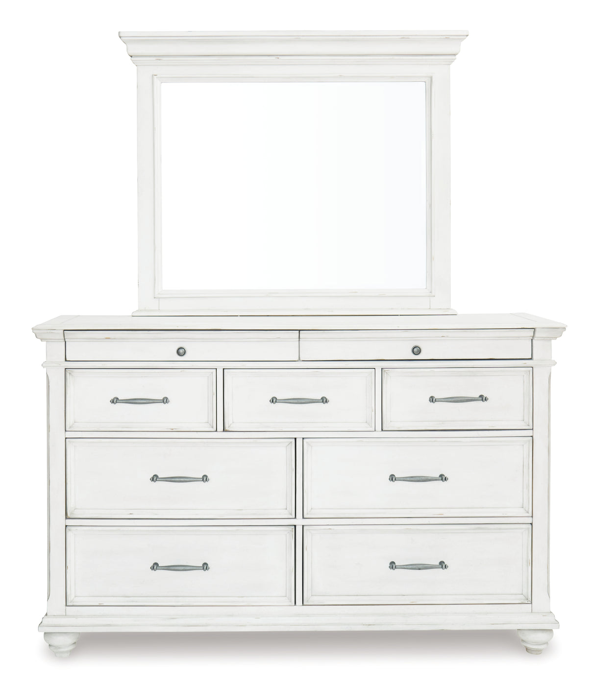 Kanwyn Queen Panel Bed with Mirrored Dresser and Chest in Whitewash - PKG007929