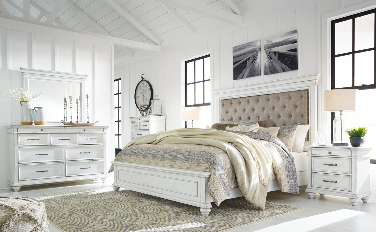 Kanwyn Queen Panel Bed with Mirrored Dresser and Chest in Whitewash - PKG007929