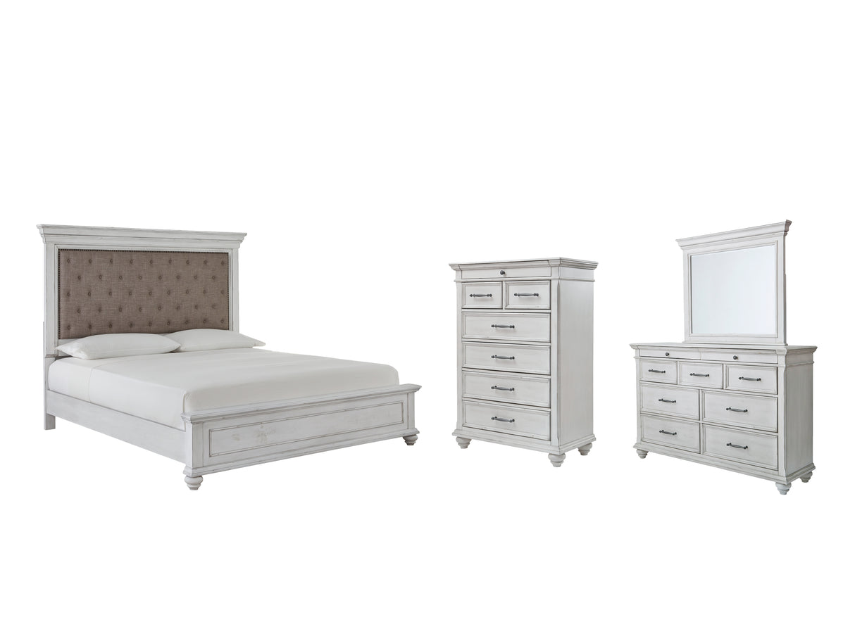 Kanwyn Queen Panel Bed with Mirrored Dresser and Chest in Whitewash - PKG007934