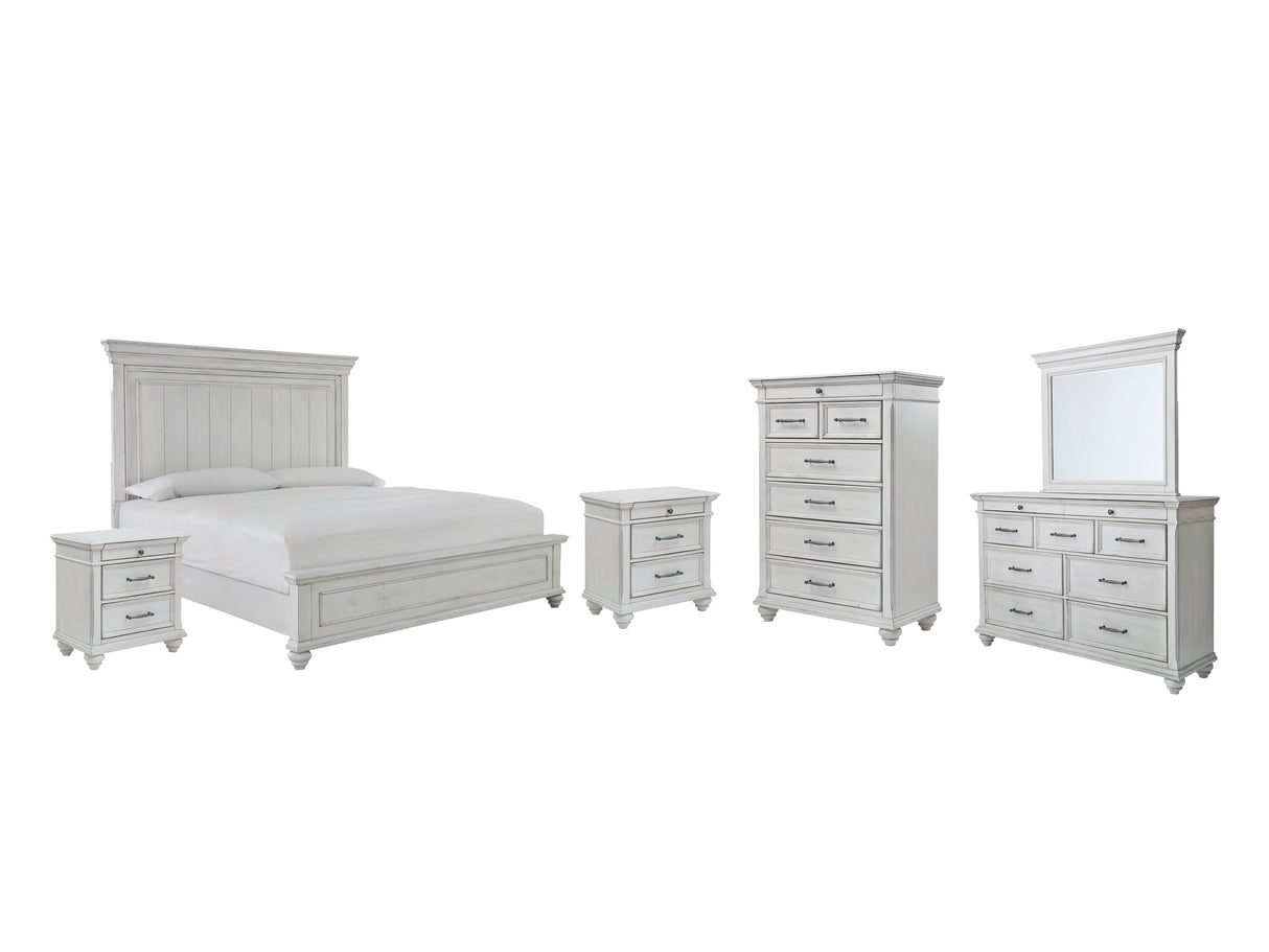 Kanwyn Queen Panel Bed with Mirrored Dresser, Chest and 2 Nightstands in Whitewash - PKG007931