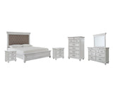 Kanwyn Queen Panel Bed with Mirrored Dresser, Chest and 2 Nightstands in Whitewash - PKG007936