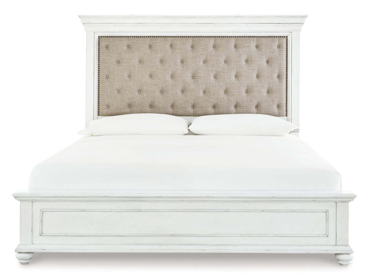 Kanwyn Queen Panel Bed with Mirrored Dresser, Chest and 2 Nightstands in Whitewash - PKG007936