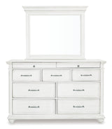 Kanwyn Queen Panel Bed with Mirrored Dresser, Chest and 2 Nightstands in Whitewash - PKG007936