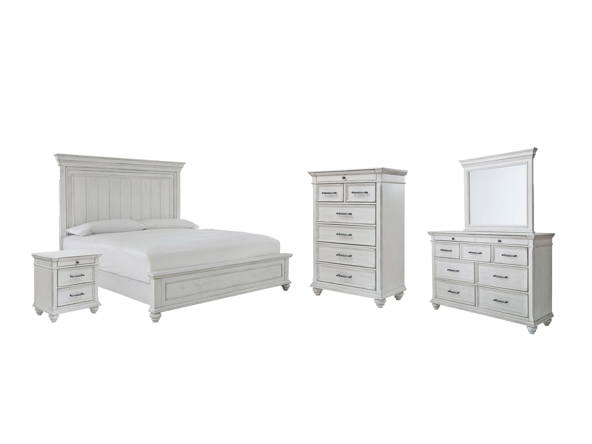 Kanwyn Queen Panel Bed with Mirrored Dresser, Chest and Nightstand in Whitewash - PKG007930