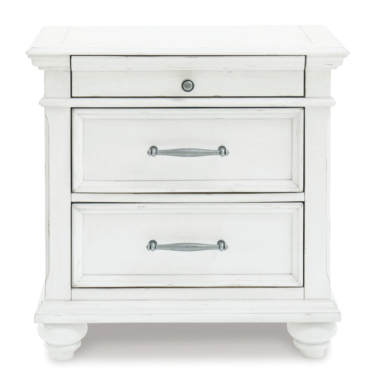 Kanwyn Queen Panel Bed with Mirrored Dresser, Chest and Nightstand in Whitewash - PKG007930