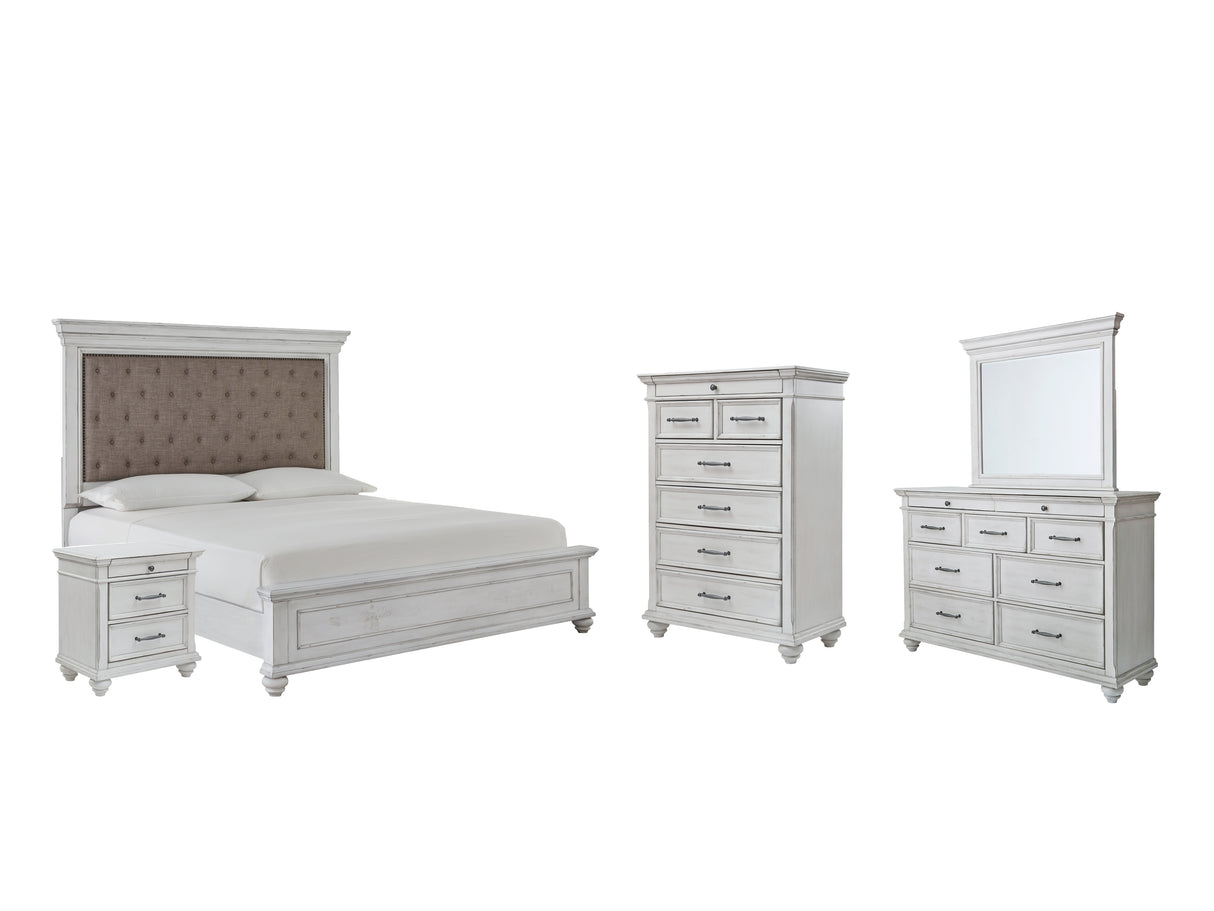 Kanwyn Queen Panel Bed with Mirrored Dresser, Chest and Nightstand in Whitewash - PKG007935