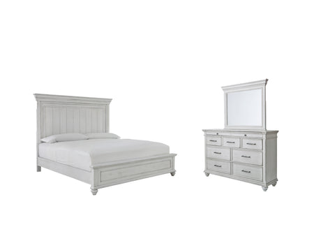 Kanwyn Queen Panel Bed with Mirrored Dresser in Whitewash - PKG000055