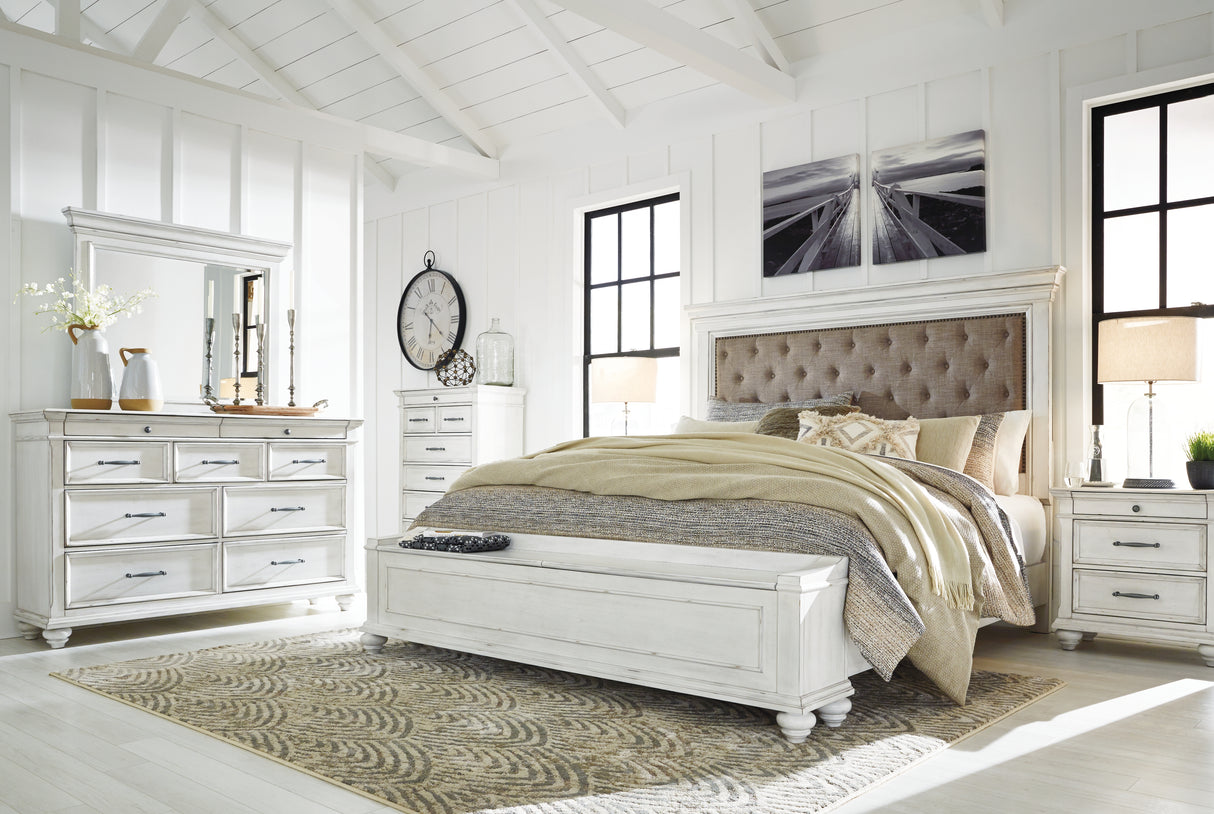 Kanwyn Queen Panel Bed with Storage with Mirrored Dresser and 2 Nightstands in Whitewash - PKG007942