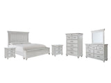 Kanwyn Queen Panel Bed with Storage with Mirrored Dresser, Chest and 2 Nightstands in Whitewash - PKG007941