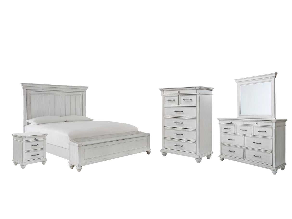 Kanwyn Queen Panel Bed with Storage with Mirrored Dresser, Chest and Nightstand in Whitewash - PKG007940