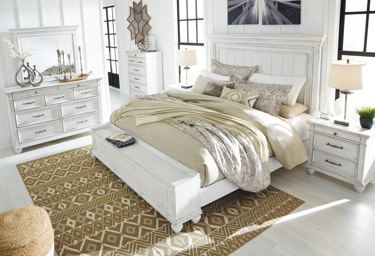 Kanwyn Queen Panel Bed with Storage with Mirrored Dresser, Chest and Nightstand in Whitewash - PKG007940