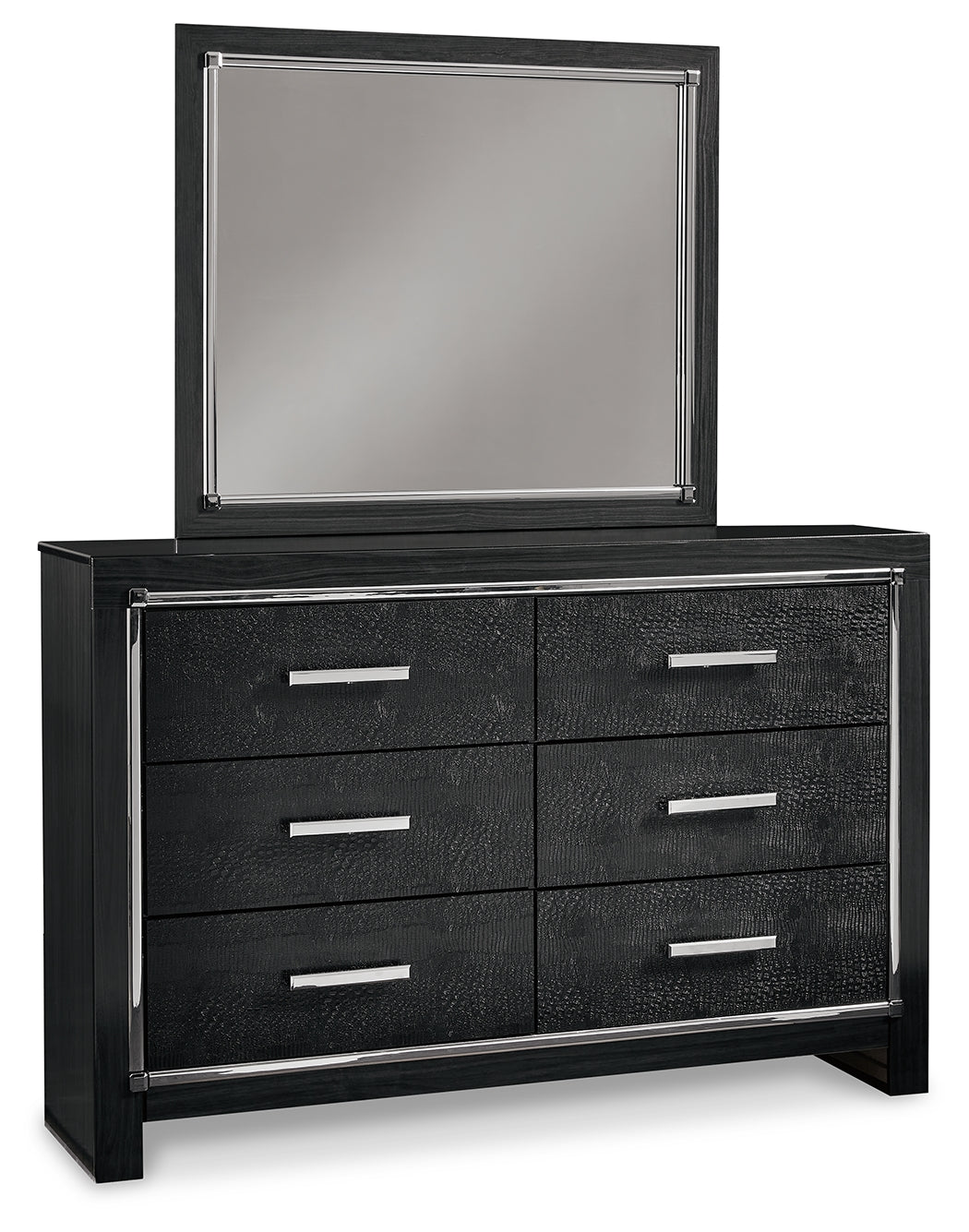 Kaydell King/California King Upholstered Panel Headboard Bed with Mirrored Dresser and 2 Nightstands in Black from Ashley - Luna Furniture