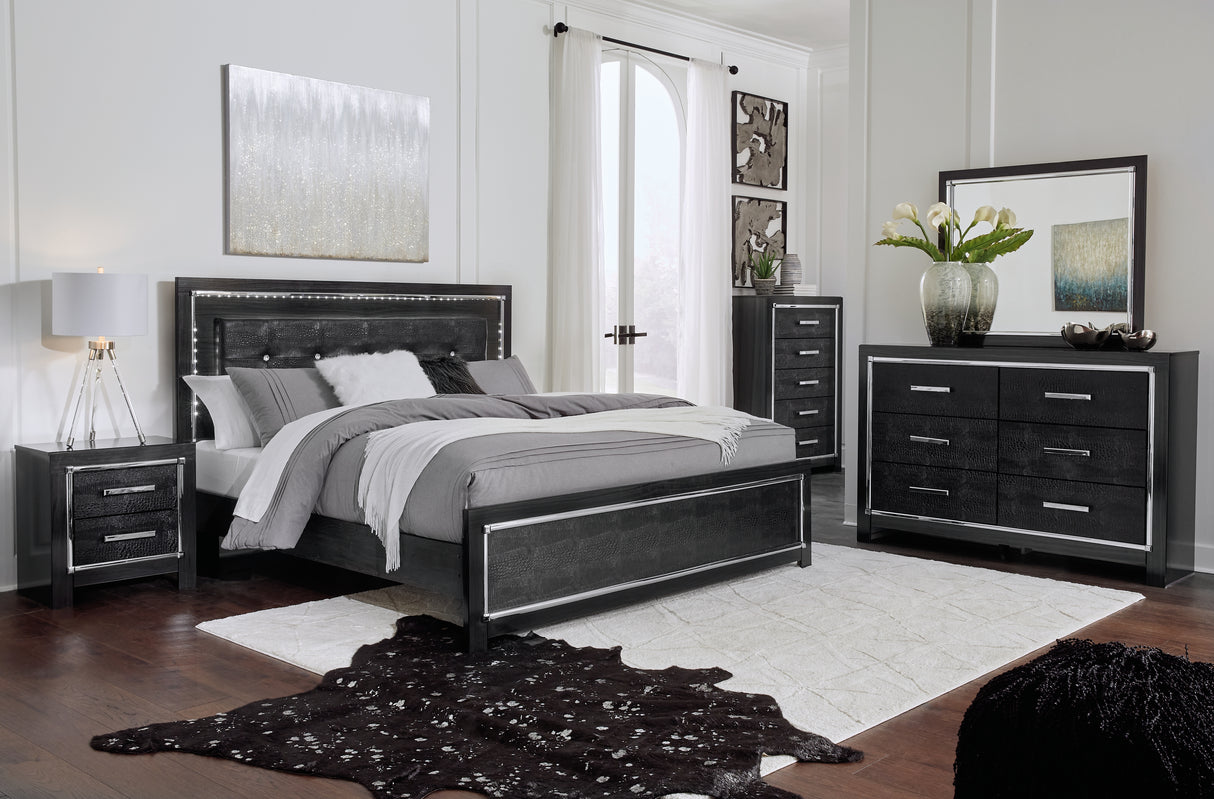 Kaydell King/California King Upholstered Panel Headboard Bed with Mirrored Dresser and 2 Nightstands in Black from Ashley - Luna Furniture