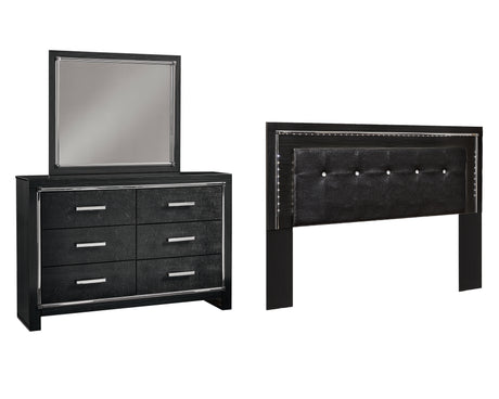 Kaydell King/California King Upholstered Panel Headboard Bed with Mirrored Dresser in Black from Ashley - Luna Furniture