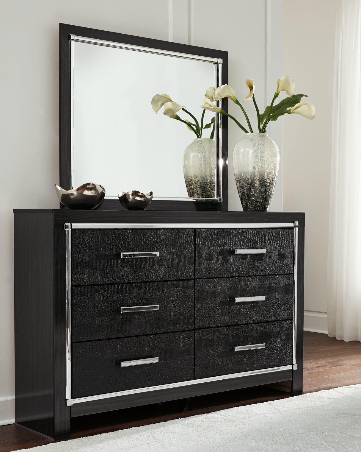 Kaydell King/California King Upholstered Panel Headboard Bed with Mirrored Dresser in Black from Ashley - Luna Furniture