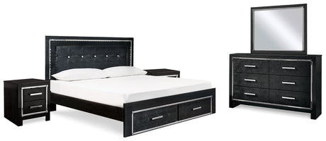 Kaydell King Panel Bed with Storage with Mirrored Dresser and 2 Nightstands in Black - PKG008327