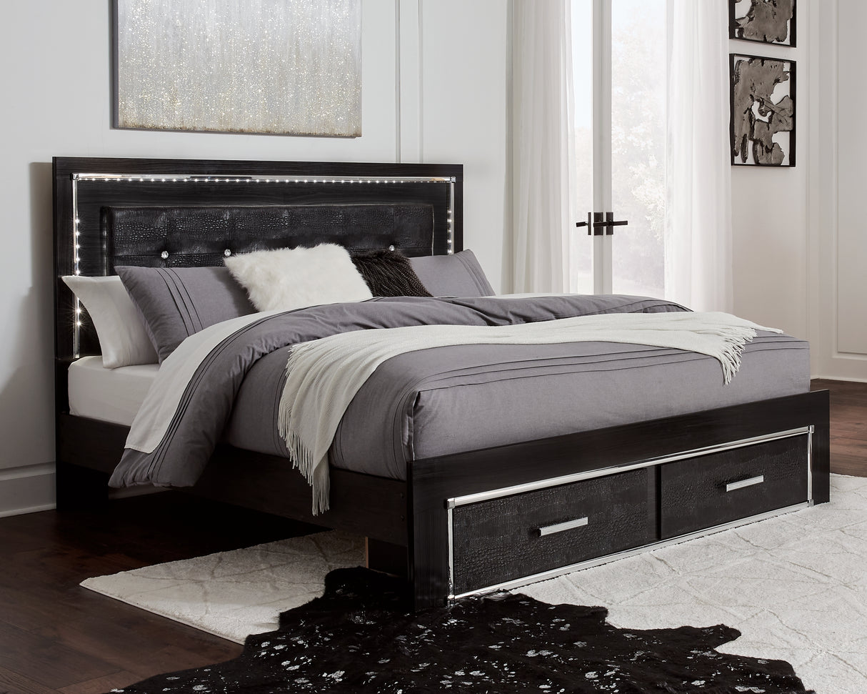 Kaydell King Panel Bed with Storage with Mirrored Dresser and 2 Nightstands in Black - PKG008327