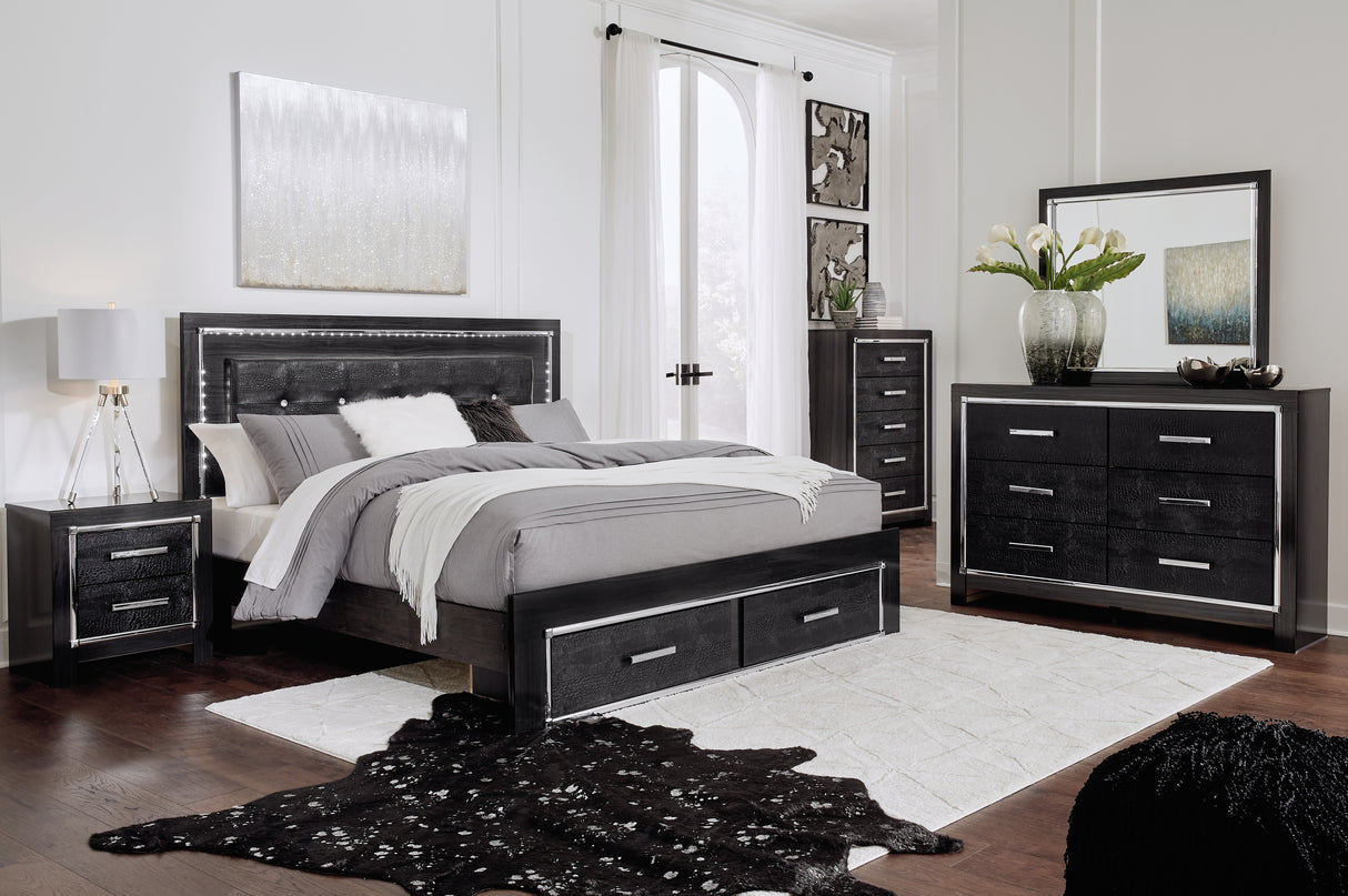 Kaydell King Panel Bed with Storage with Mirrored Dresser, Chest and Nightstand in Black - PKG008329