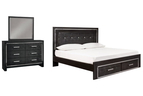 Kaydell King Panel Bed with Storage with Mirrored Dresser in Black - PKG008326