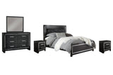 Kaydell King Upholstered Panel Bed with Mirrored Dresser and 2 Nightstands in Black - PKG002812