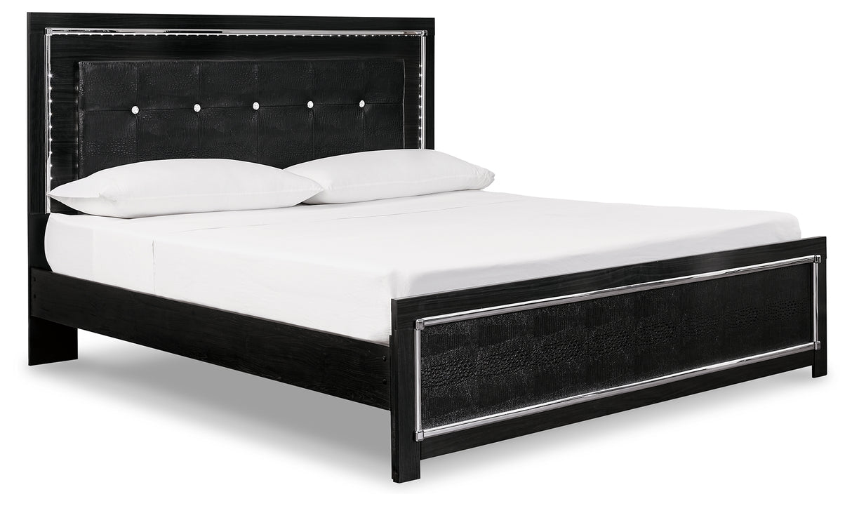 Kaydell King Upholstered Panel Bed with Mirrored Dresser and 2 Nightstands in Black - PKG002812