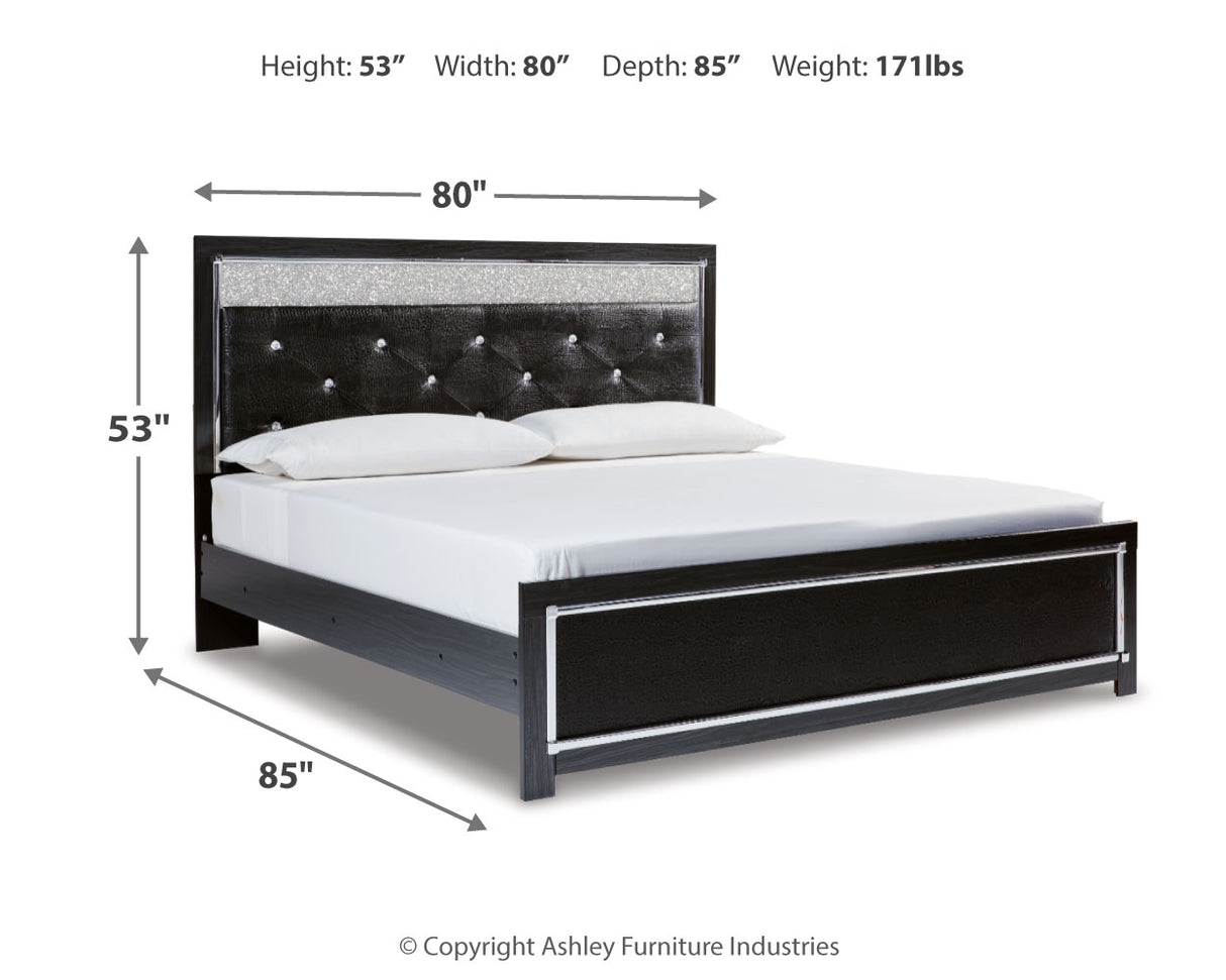 Kaydell King Upholstered Panel Bed with Mirrored Dresser and 2 Nightstands in Black - PKG014229