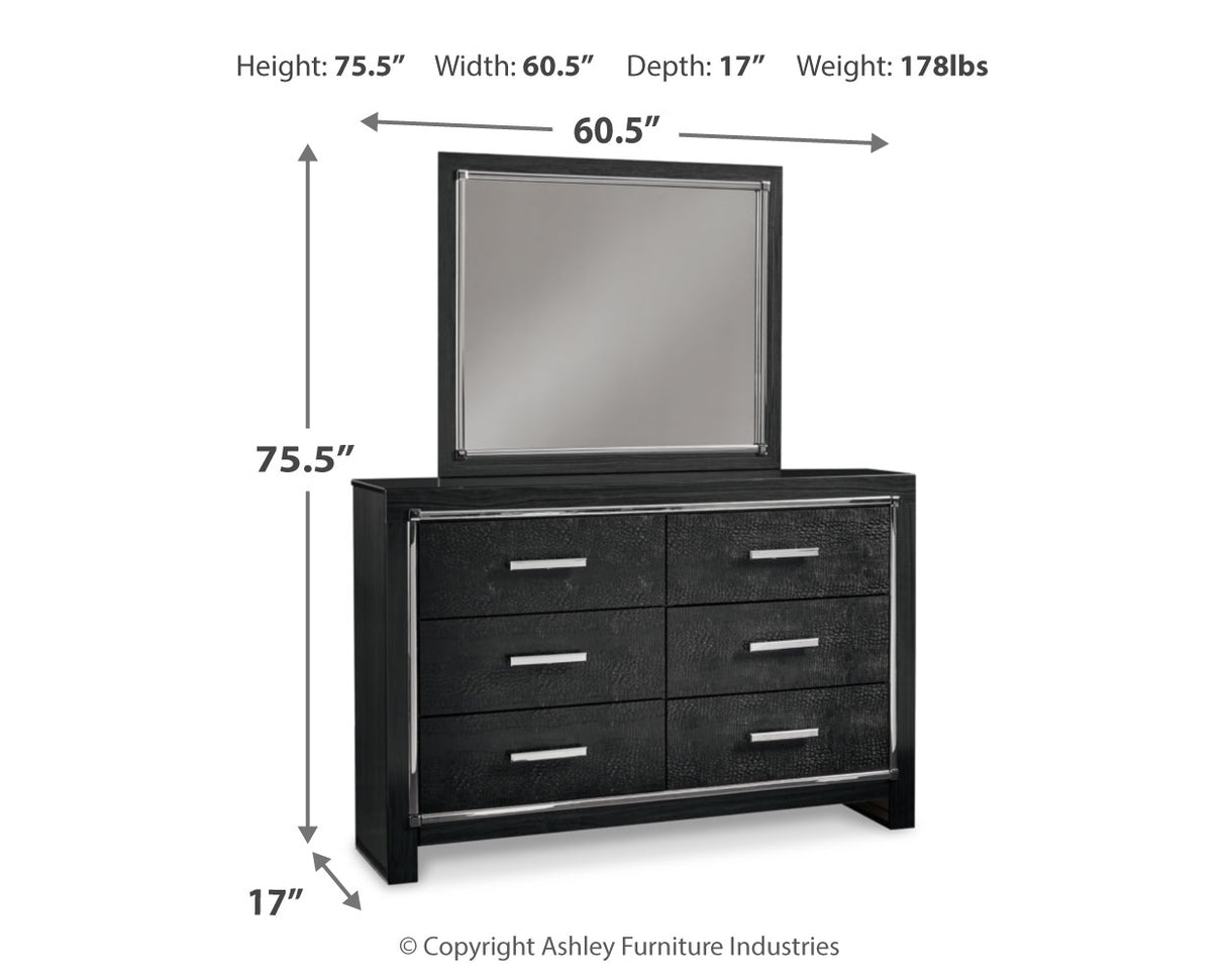 Kaydell King Upholstered Panel Bed with Mirrored Dresser and 2 Nightstands in Black - PKG014229