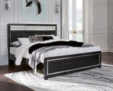 Kaydell King Upholstered Panel Bed with Mirrored Dresser and 2 Nightstands in Black - PKG014229