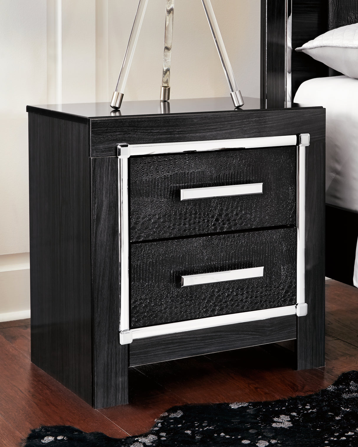 Kaydell King Upholstered Panel Bed with Mirrored Dresser and 2 Nightstands in Black - PKG014229