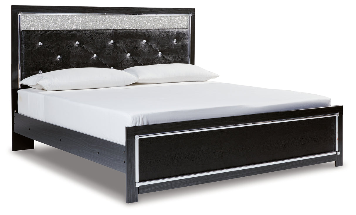 Kaydell King Upholstered Panel Bed with Mirrored Dresser and 2 Nightstands in Black - PKG014229