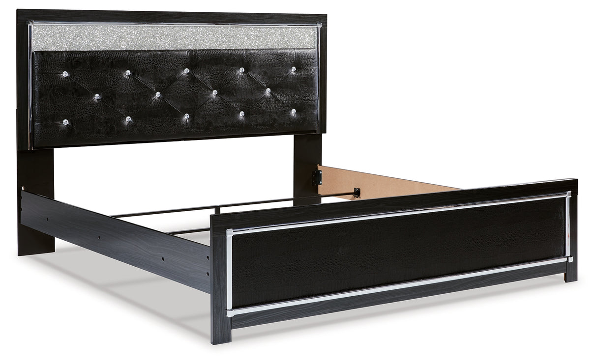 Kaydell King Upholstered Panel Bed with Mirrored Dresser and 2 Nightstands in Black - PKG014229