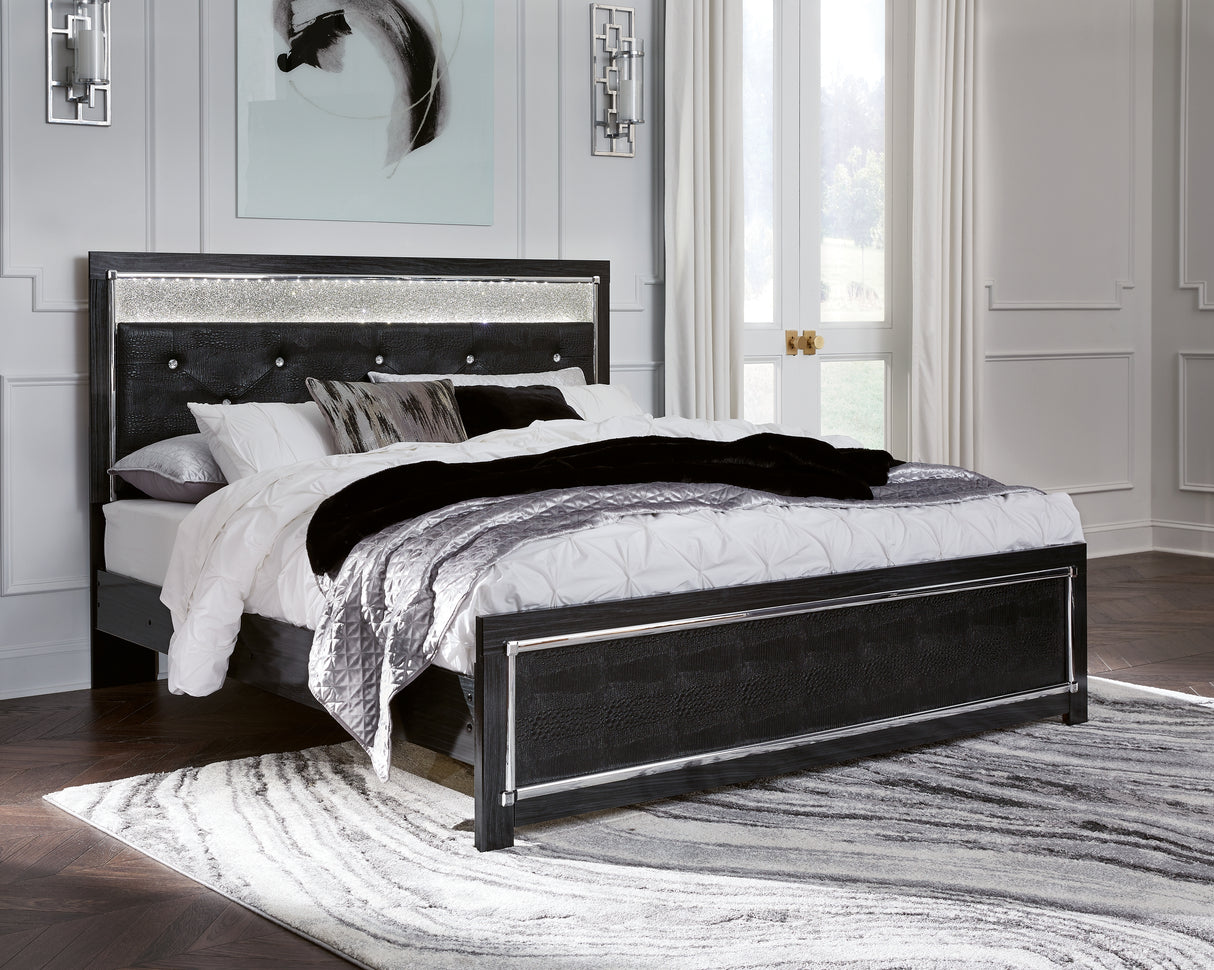 Kaydell King Upholstered Panel Bed with Mirrored Dresser and Chest in Black - PKG014230