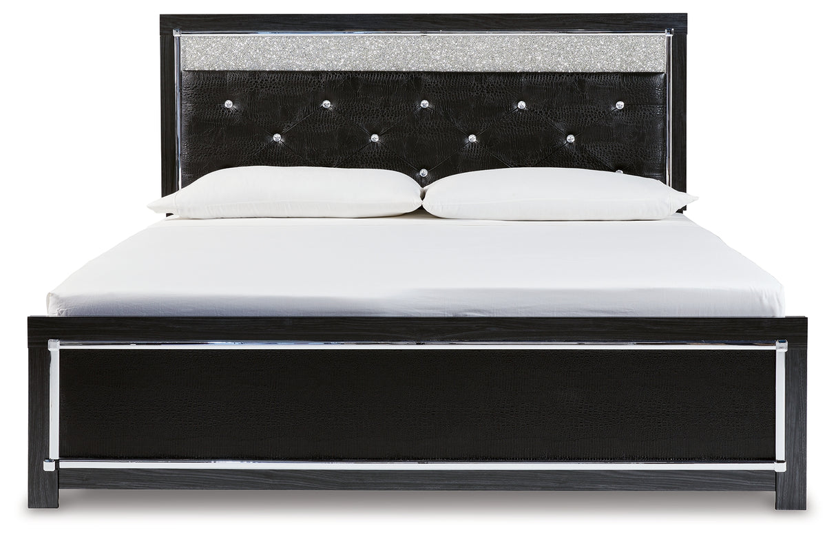 Kaydell King Upholstered Panel Bed with Mirrored Dresser and Chest in Black - PKG014230