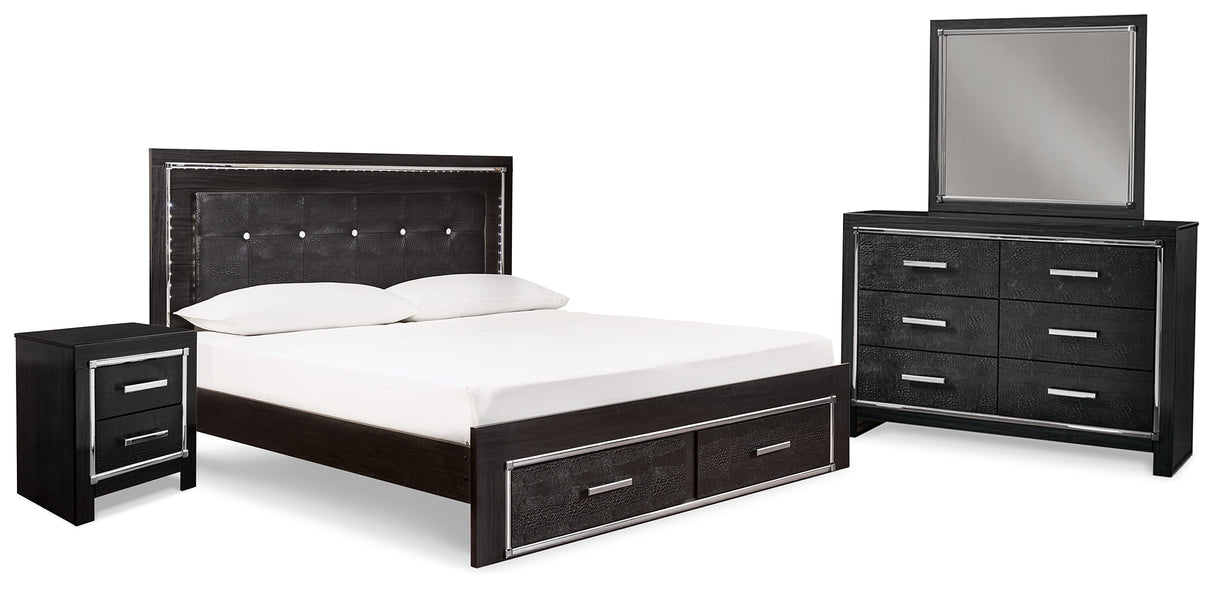 Kaydell King Upholstered Panel Bed with Mirrored Dresser and Nightstand in Black - PKG014126