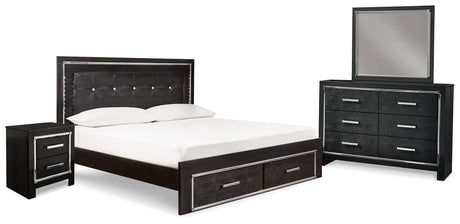 Kaydell King Upholstered Panel Bed with Mirrored Dresser and Nightstand in Black from Ashley - Luna Furniture