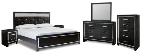 Kaydell King Upholstered Panel Bed with Mirrored Dresser, Chest and 2 Nightstands in Black - PKG014232