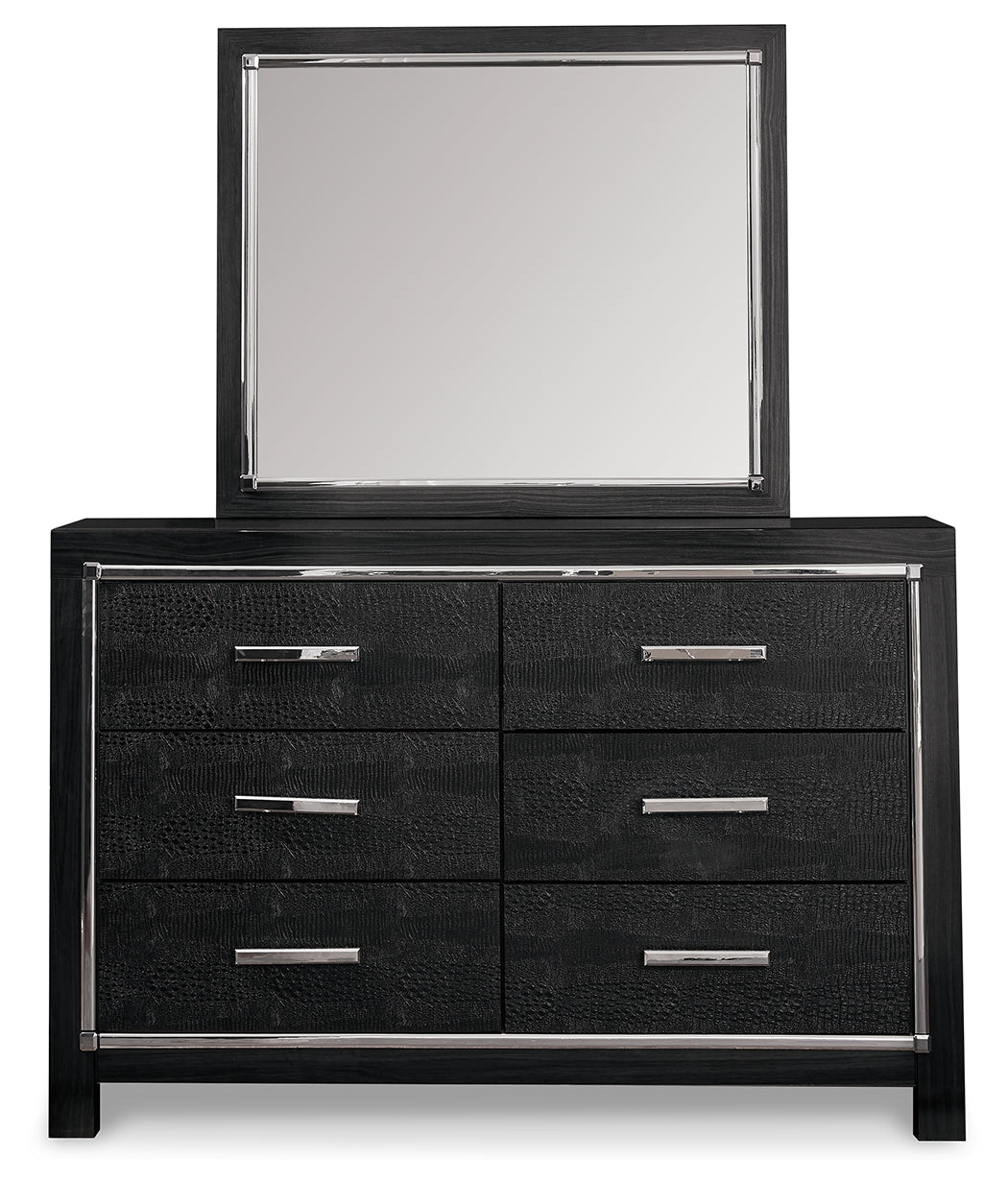 Kaydell King Upholstered Panel Bed with Mirrored Dresser, Chest and 2 Nightstands in Black - PKG014232