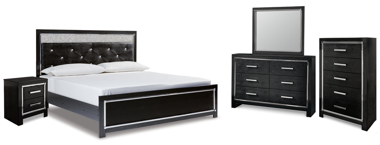 Kaydell King Upholstered Panel Bed with Mirrored Dresser, Chest and Nightstand in Black - PKG014231