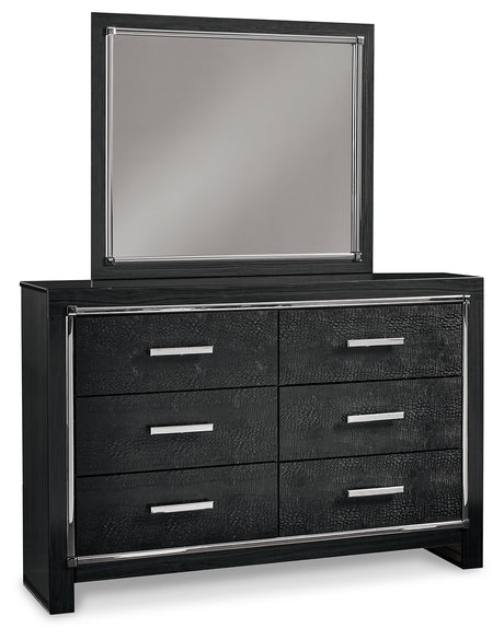 Kaydell King Upholstered Panel Headboard with Mirrored Dresser and 2 Nightstands in Black - PKG014235