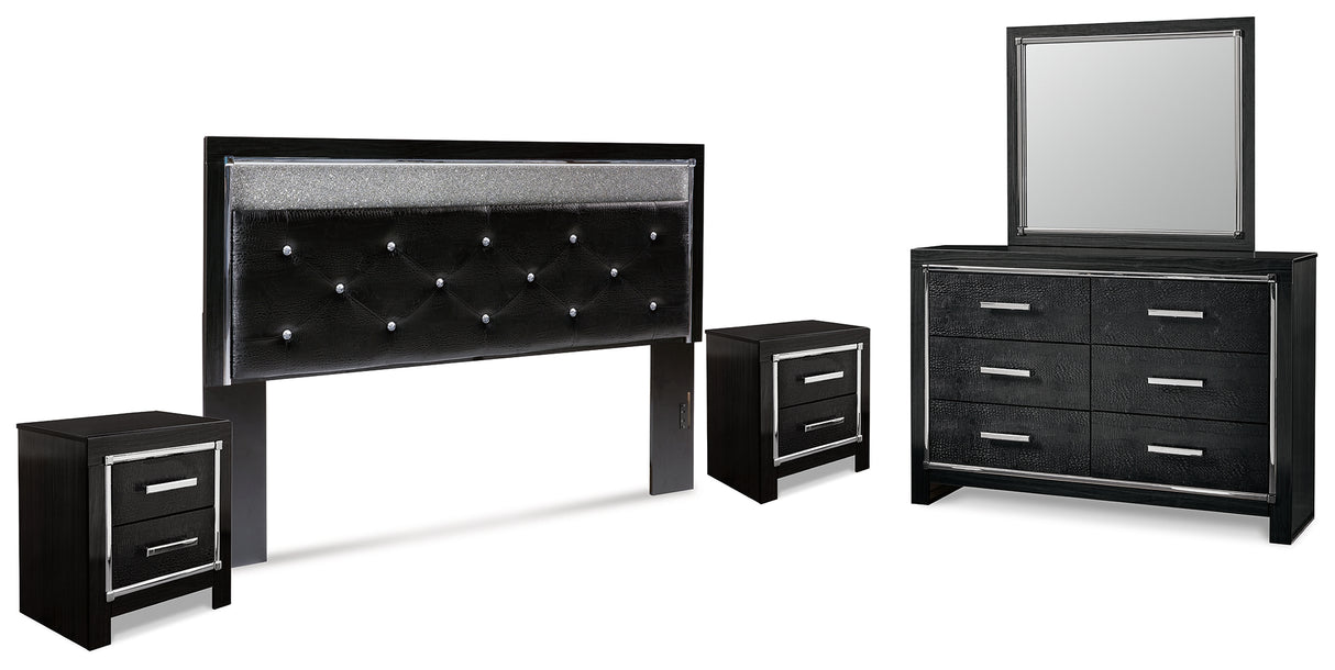 Kaydell King Upholstered Panel Headboard with Mirrored Dresser and 2 Nightstands in Black - PKG014235