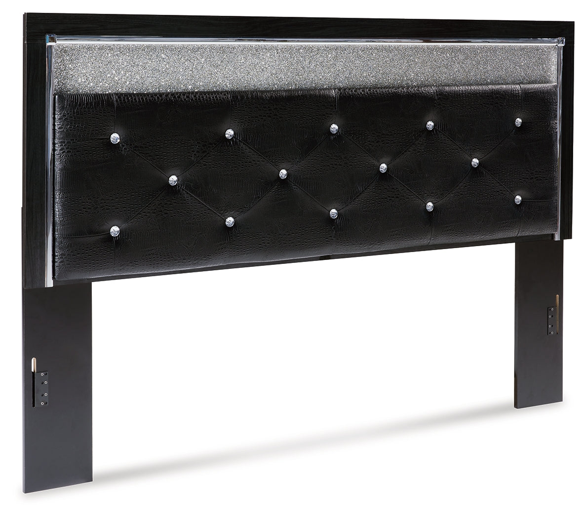 Kaydell King Upholstered Panel Headboard with Mirrored Dresser and 2 Nightstands in Black - PKG014235