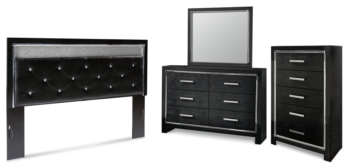 Kaydell King Upholstered Panel Headboard with Mirrored Dresser and Chest in Black - PKG014236